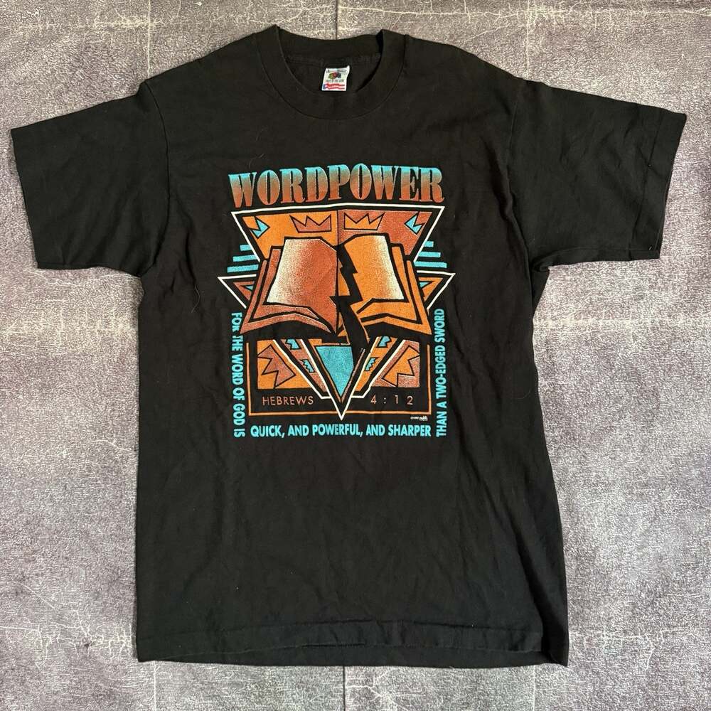 Men's Vintage 90's FOTL Word Power Word of God Aztec Black T Shirt Tee Sz L VTG